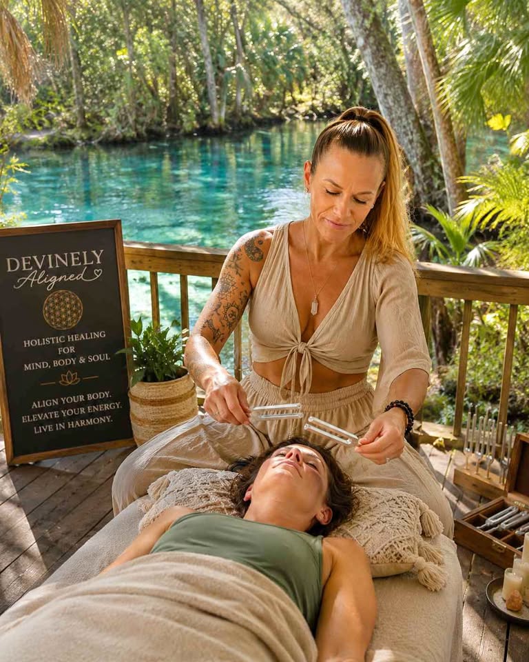 Devinely Aligned sign beside a spring during a sound healing session